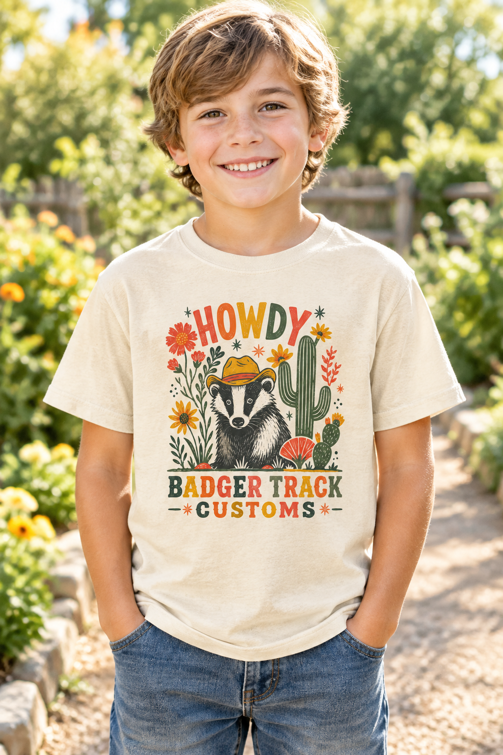 Child wearing the Howdy badger tee