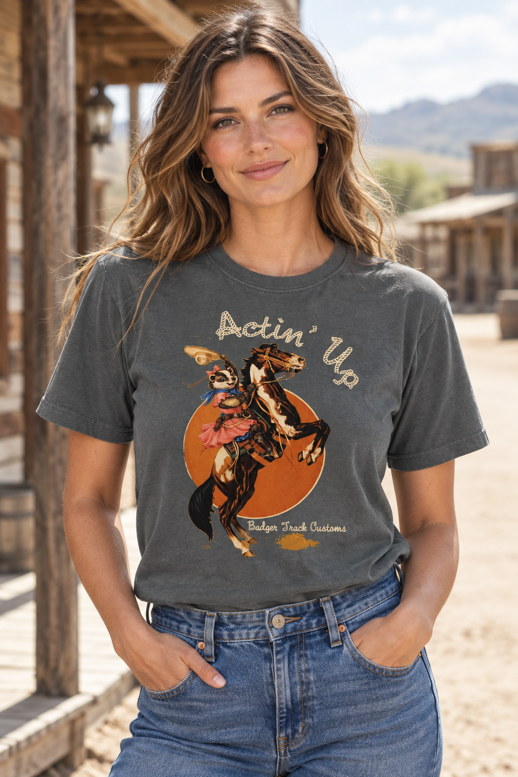 Female model wearing the shirt in a town setting