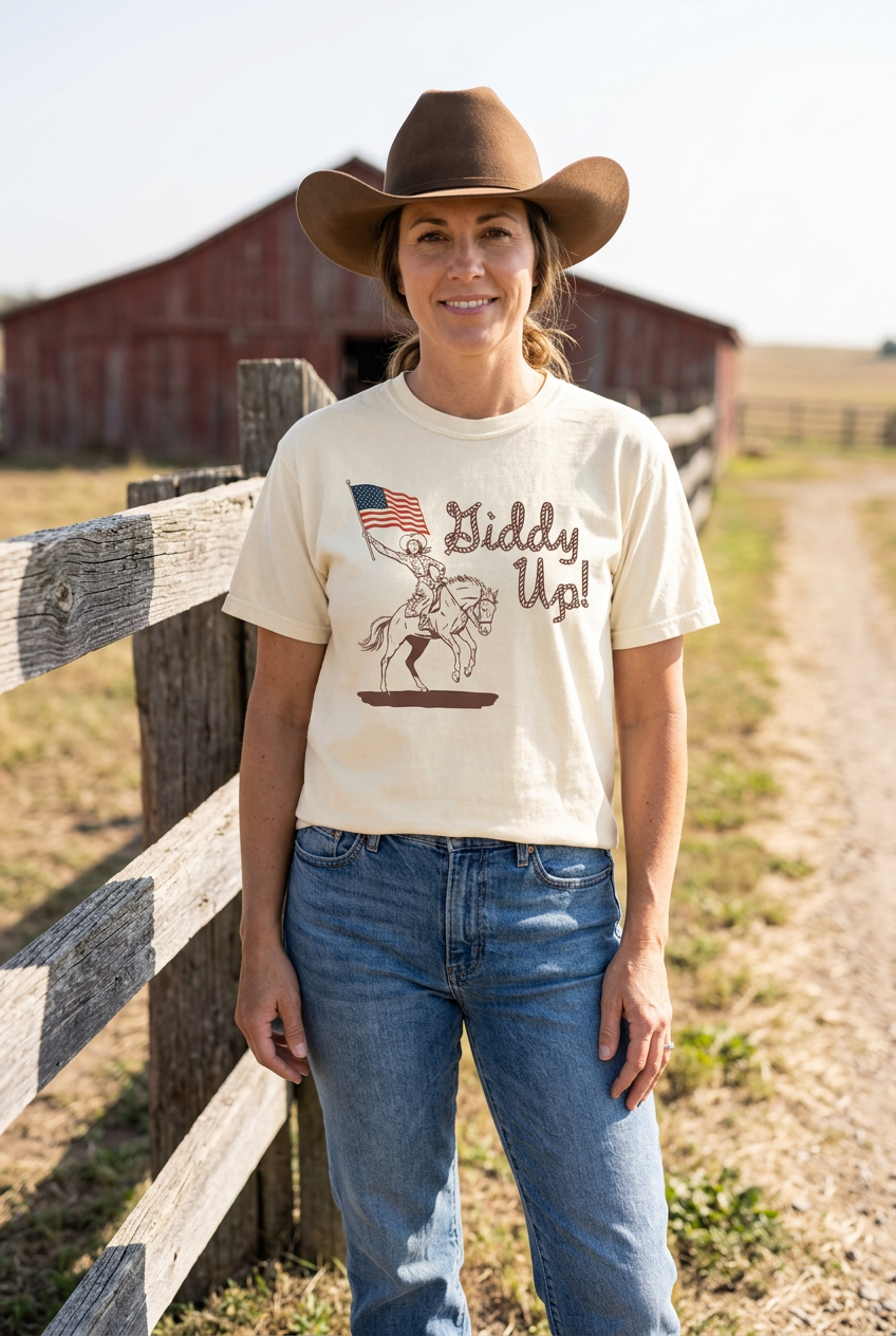 Giddy Up tee in a relaxed ranch setting