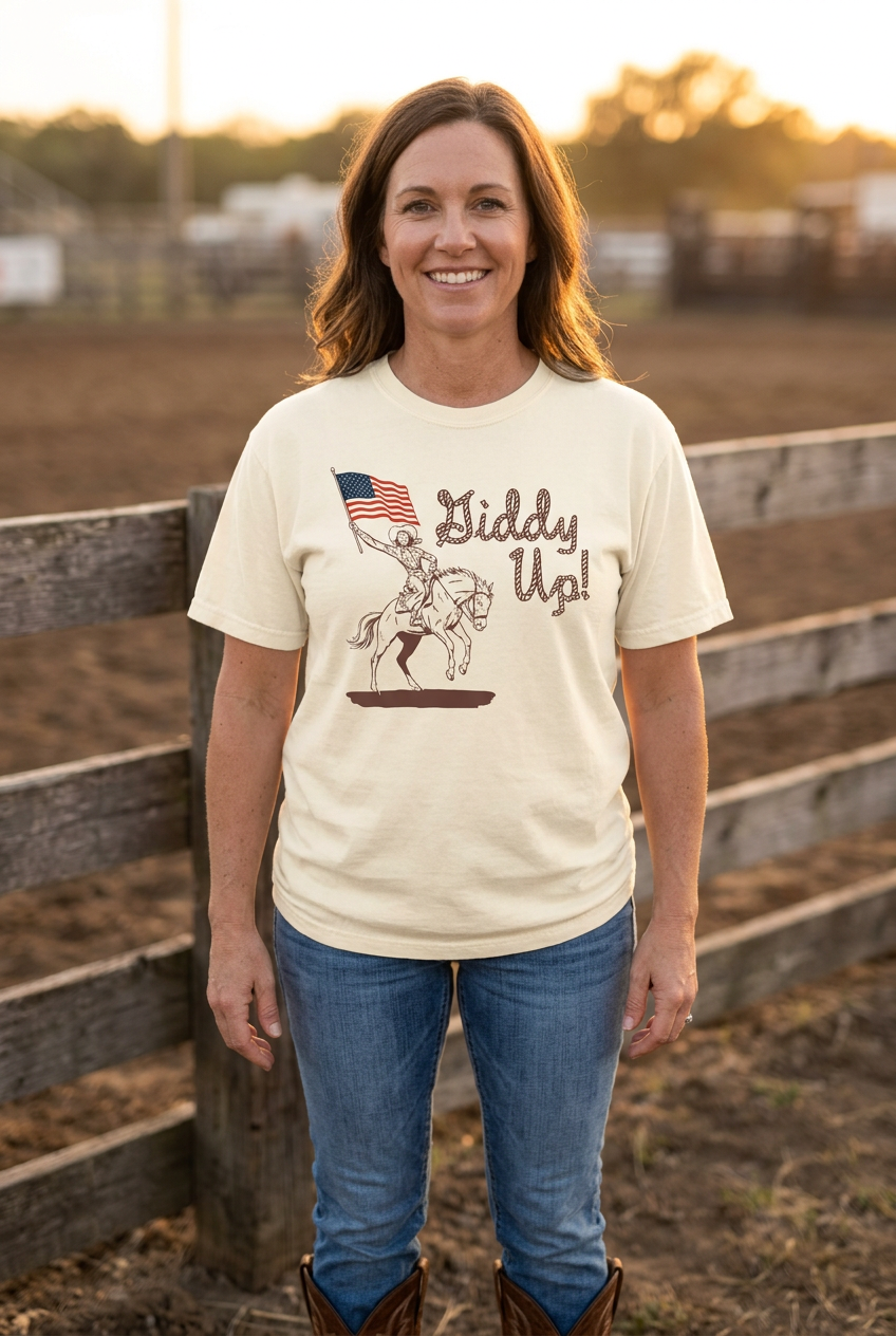 Giddy Up tee styled for a golden-hour rodeo
