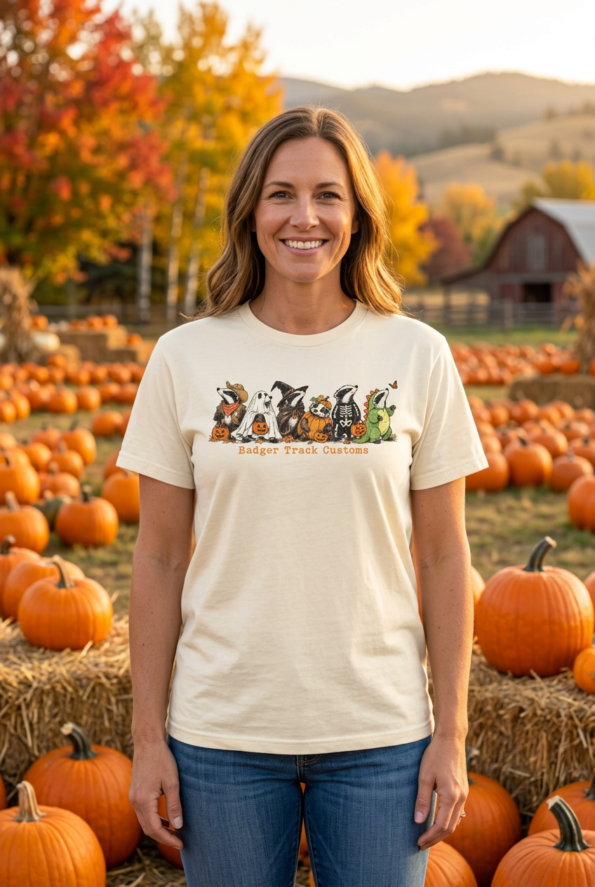 Halloween badger shirt at a pumpkin patch