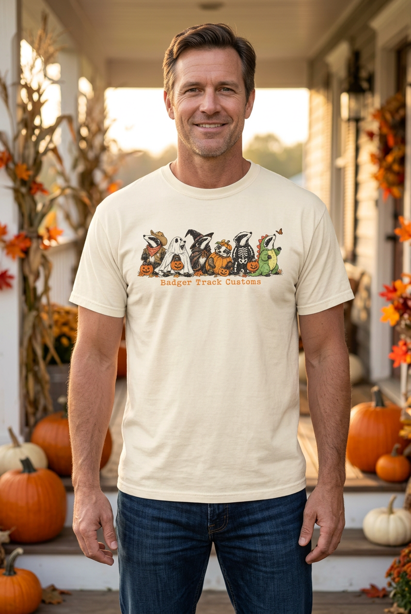 Halloween badger shirt on a fall farmhouse porch