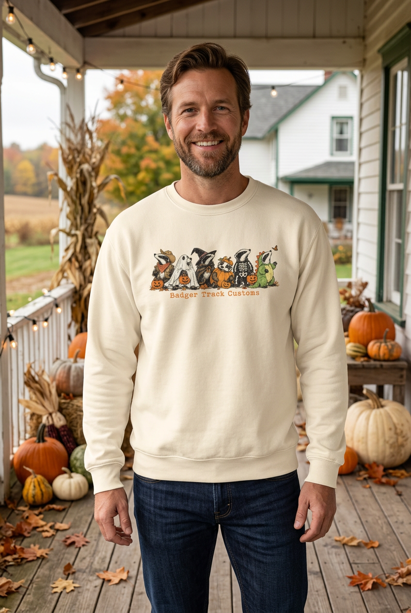 Man wearing the Halloween badger crewneck on an autumn farmhouse porch