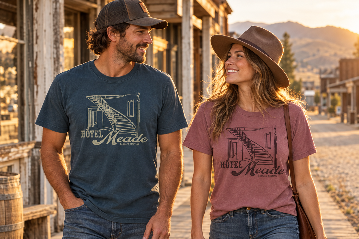 Navy and Mauve Hotel Meade tees on a historic street