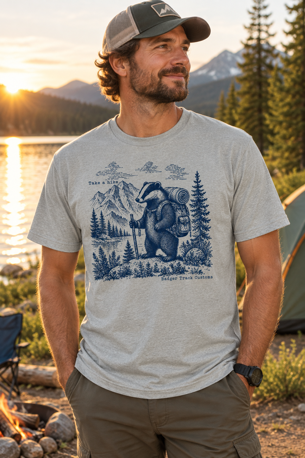 Take a Hike tee at a lakeside campsite