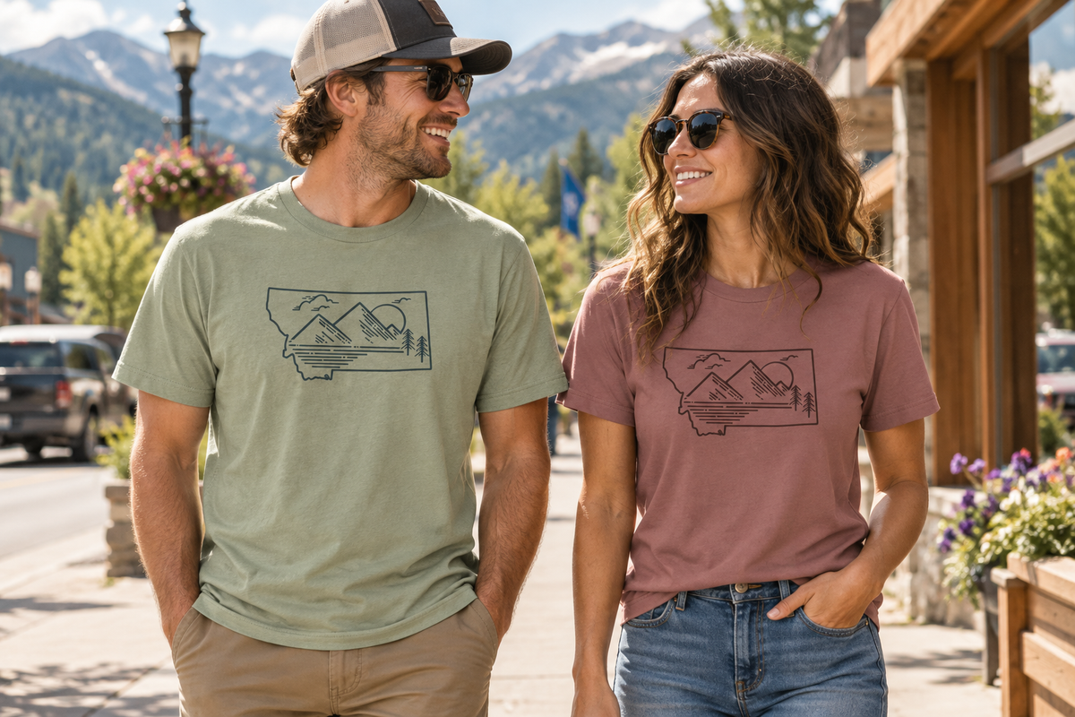 Thyme and Mauve Mountain Lines tees in a mountain town