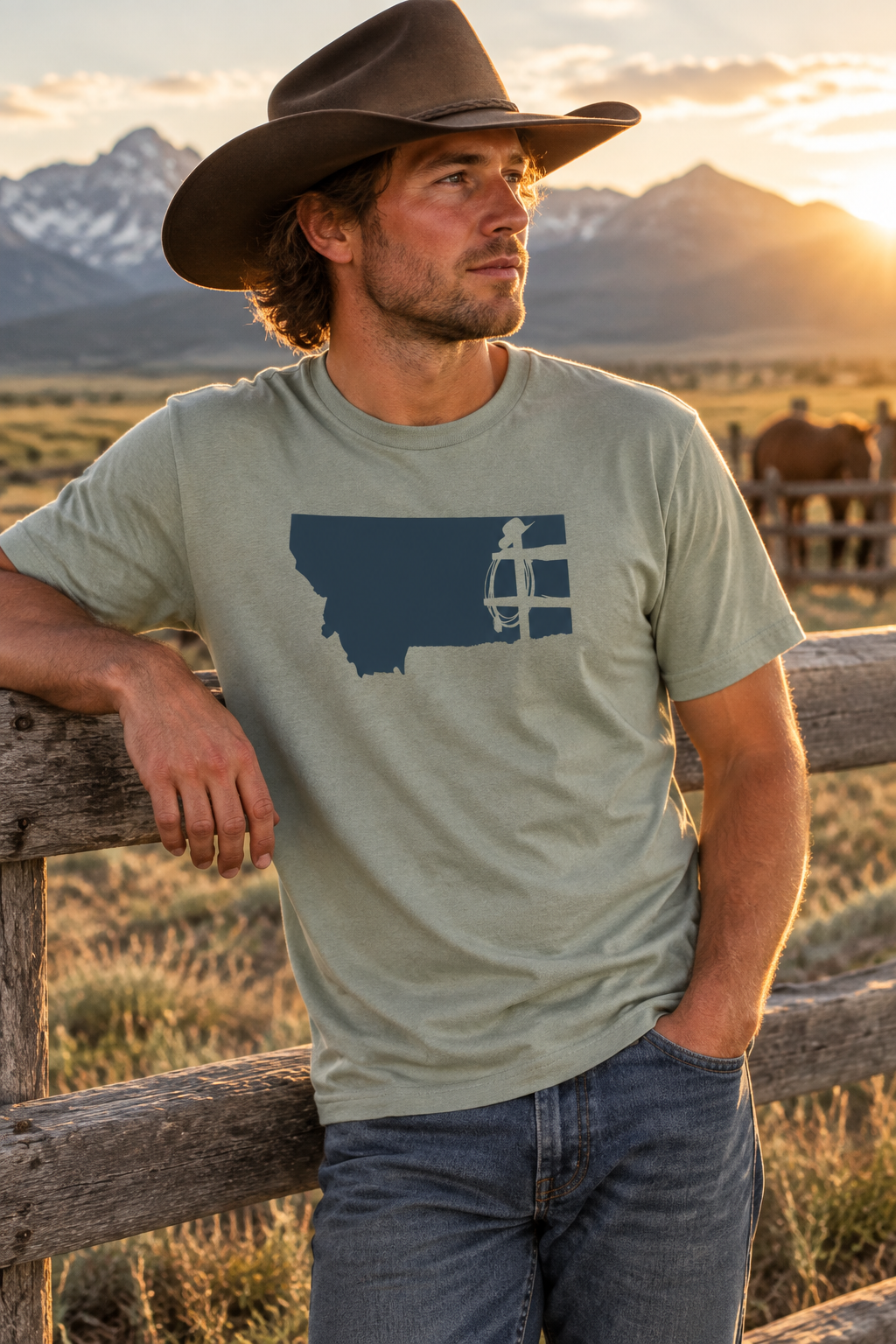 Thyme Rancher tee by a ranch fence