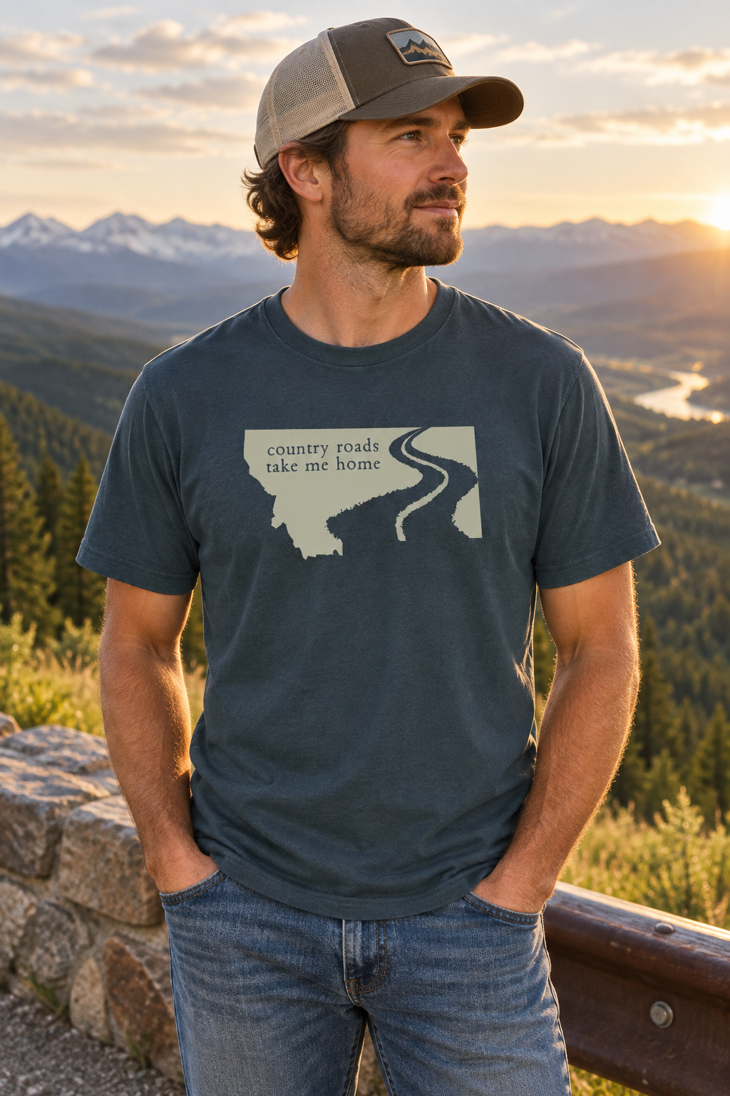 Vintage Navy country roads tee at a roadside overlook