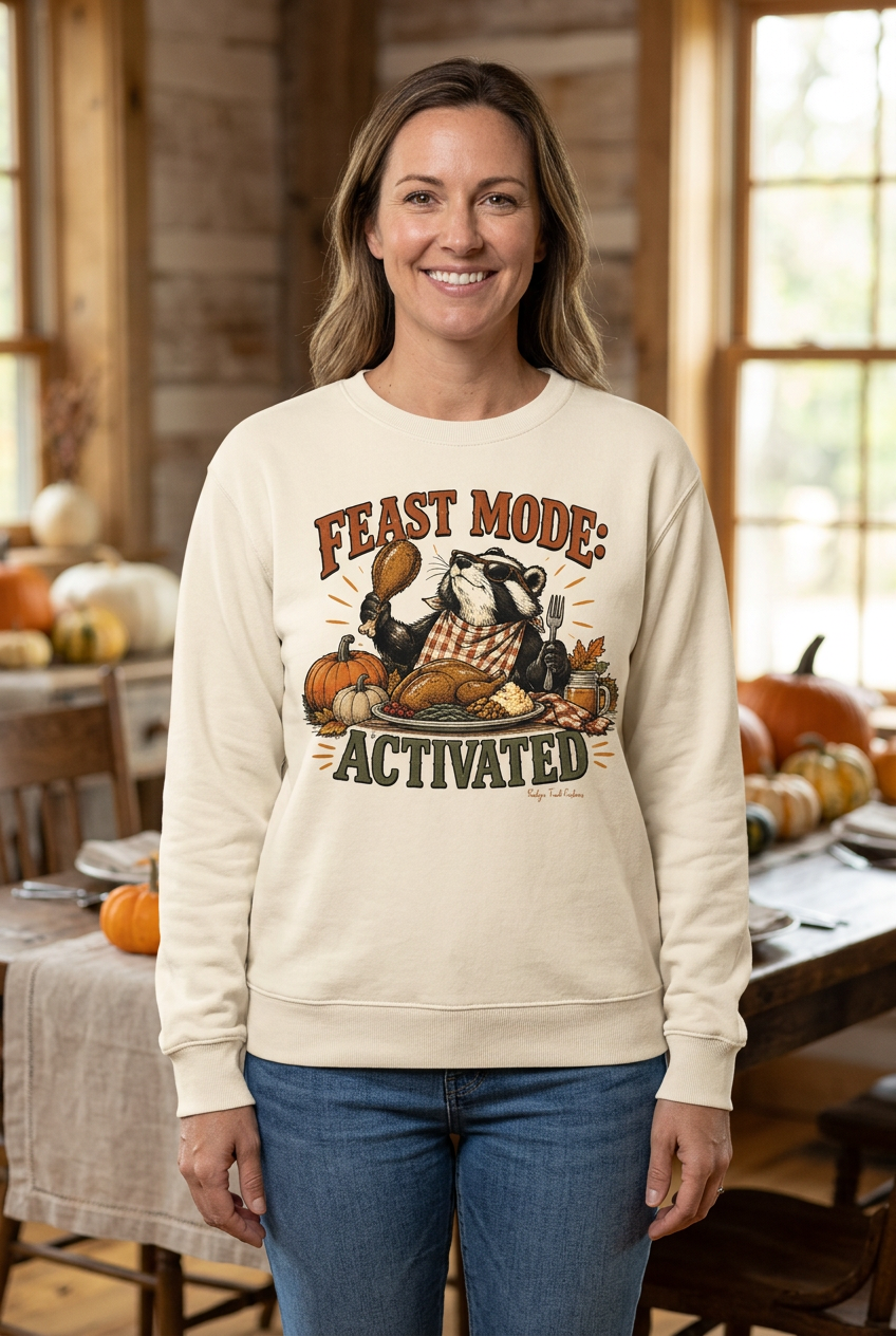 Woman wearing the Feast Mode crewneck in a Thanksgiving setting