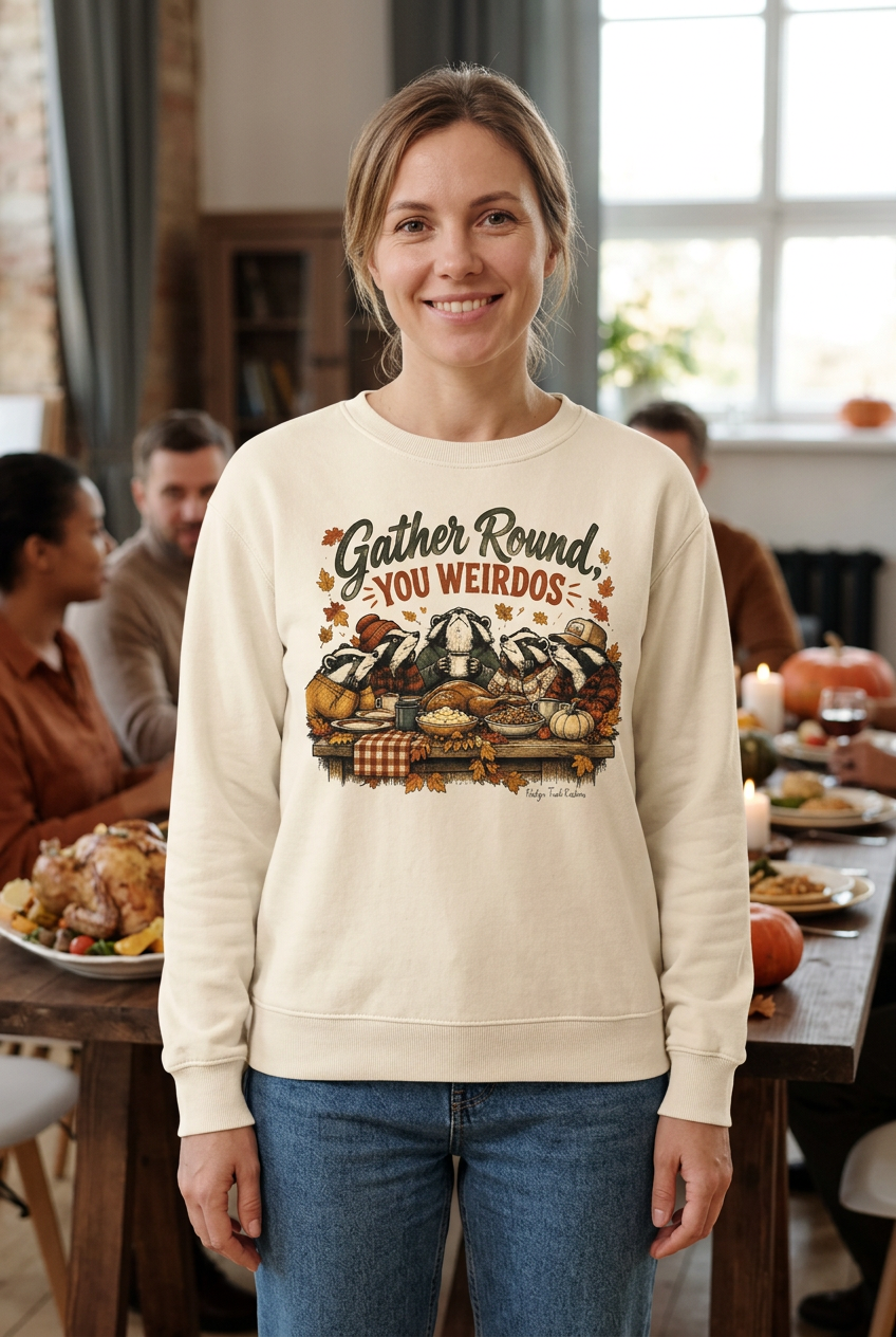 Woman wearing the Gather Round crewneck in a Friendsgiving setting