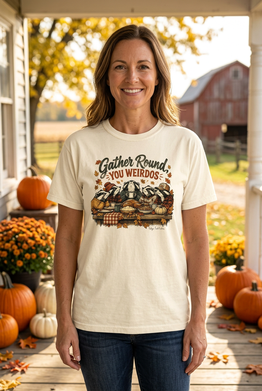 Woman wearing the Gather Round tee on an autumn farmhouse porch