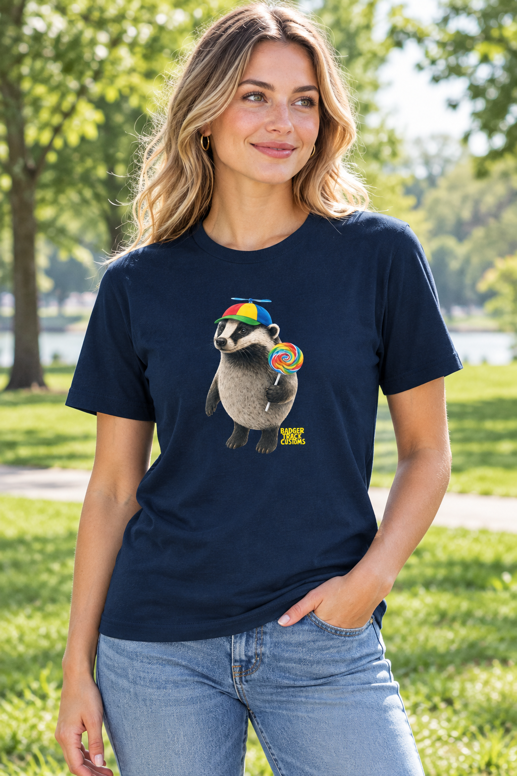 Woman wearing the propeller-cap badger tee